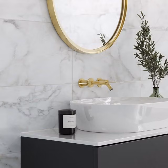 Johnson Tiles Bianco Marble Satin Rectified Wall Tile Sample in Beige, Grey and White