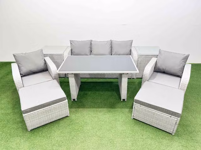 Fimous 7-Seater Outdoor Rattan Garden Furniture Dining Set with 2 Side Tables in Light Grey
