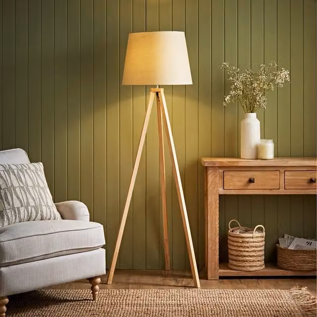 ValueLights Modern Tripod Floor Lamp with Beige Fabric Shade in Brown and Light Wood