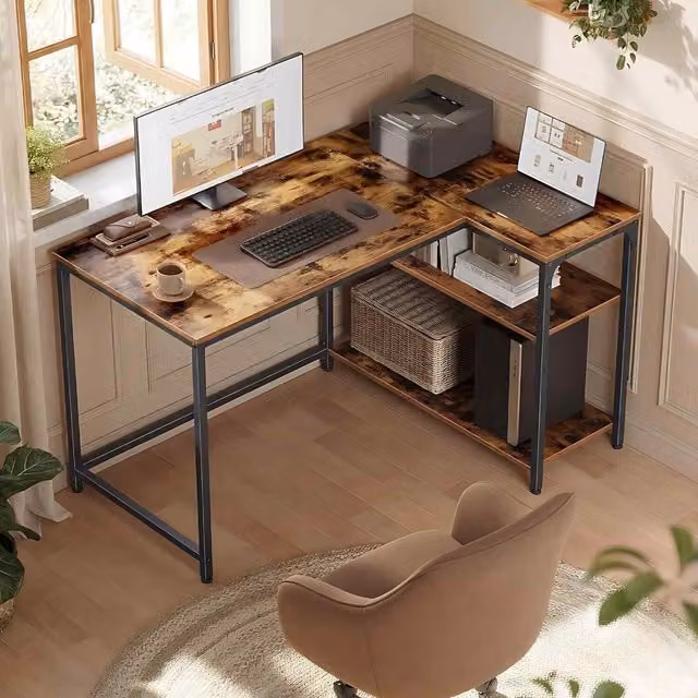 The Bazaarist L Shaped Corner Computer Desk with Adjustable Shelves in Rustic Brown