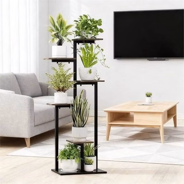 EONLION 6-Tier Metal Plant Stand in Black, H 118 x W 40 x D 28 cm