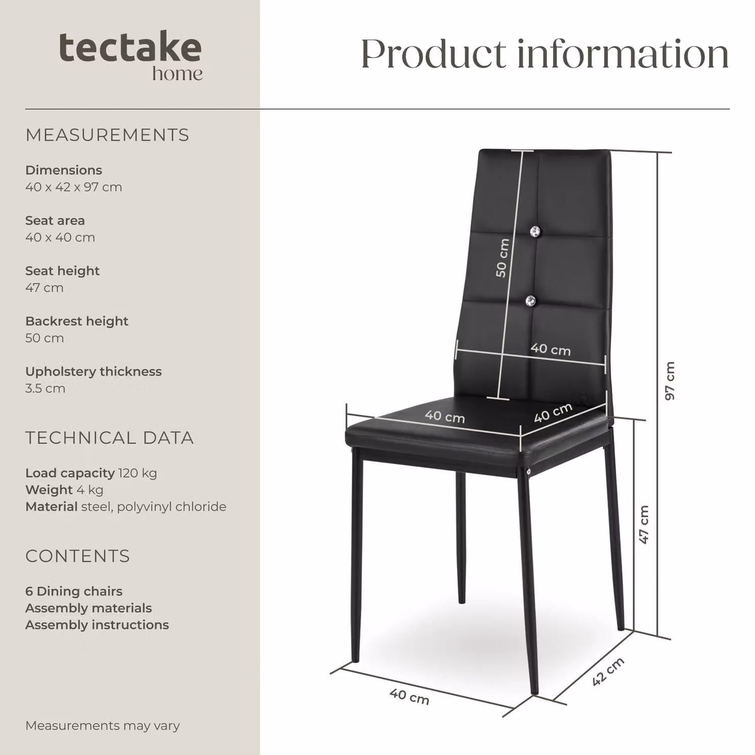 tectake Julien Set of 6 Modern Dining Chairs in Black Synthetic Leather – 6