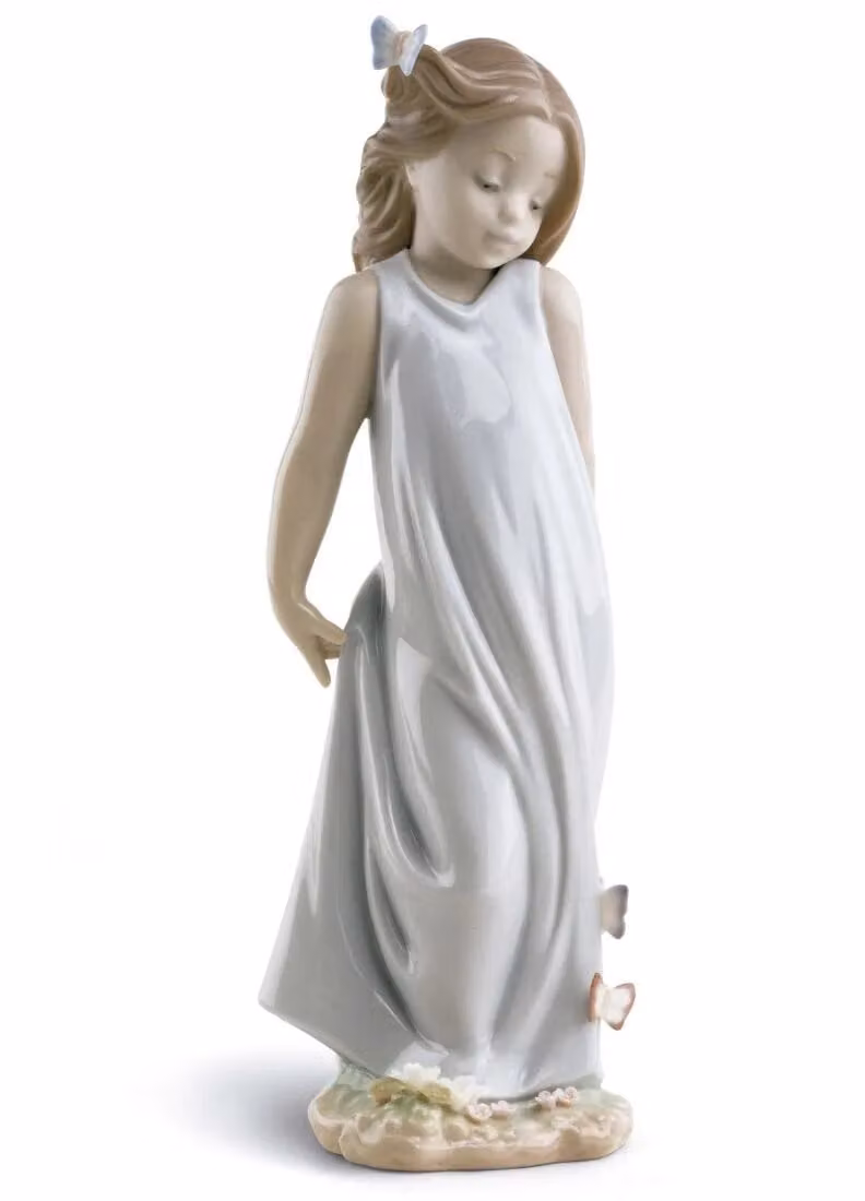 Lladró Friend of The Butterflies Girl Porcelain Figurine in Multicolour and White