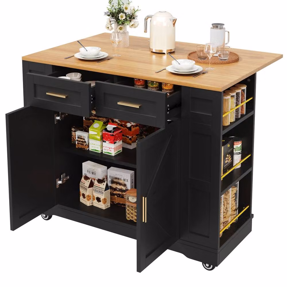 Fascinate Black Rolling Kitchen Island Cart with Foldable Worktop and Storage – 8