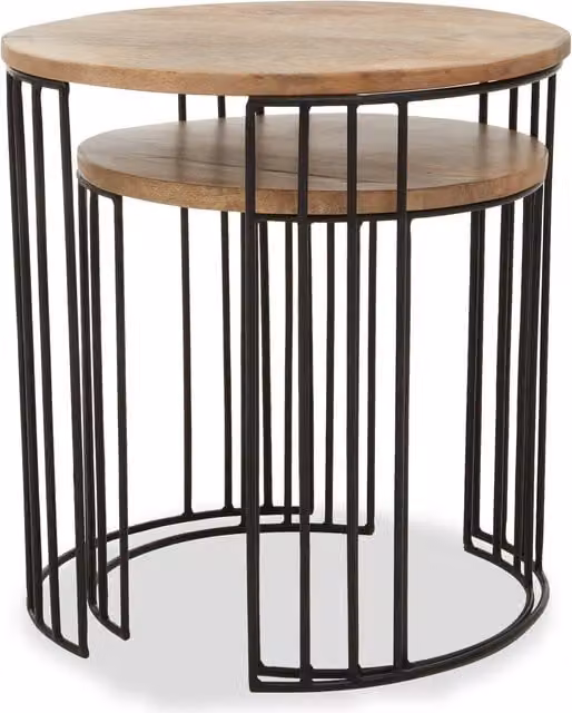 Orsina Set of 2 Modern Round Mango Wood and Metal Side Tables with Nested Tops in Brown and Black