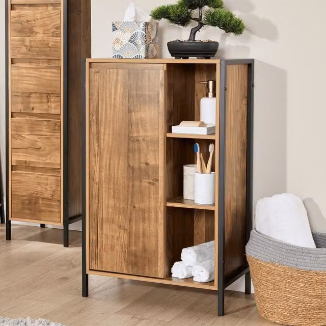 Home Source Locastra Oak Bathroom Cabinet Storage Organiser with Hinged Door and Internal Shelves, W/D/H: 50 x 28 x 80 cm