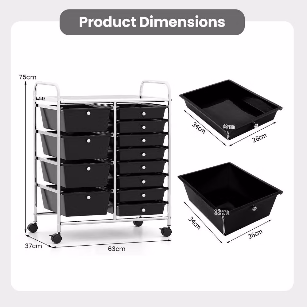Costway Black Multi-Purpose Metal Utility Storage Cart with Castors and 2 Drawers – 2