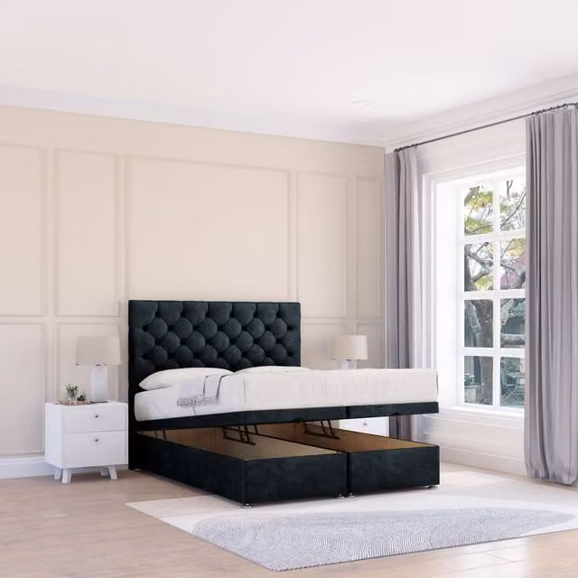 Sloomy Mayfair Naples Black Fabric Ottoman Bed with Hybrid Memory Mattress and Chesterfield Headboard, Size: Double (140 x 200 cm)