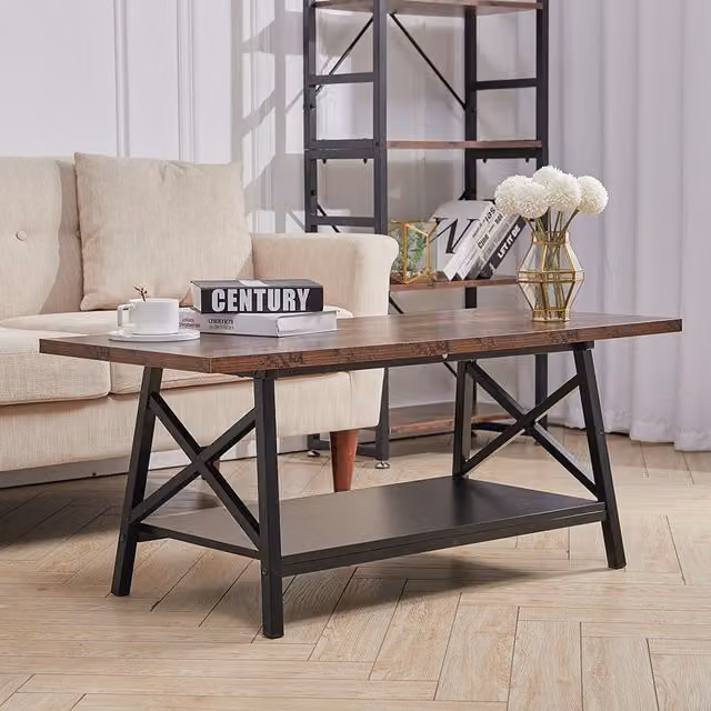 Livingandhome 2 Tier Retro Industrial Style Brown Wooden Coffee Table with X-Frame Design