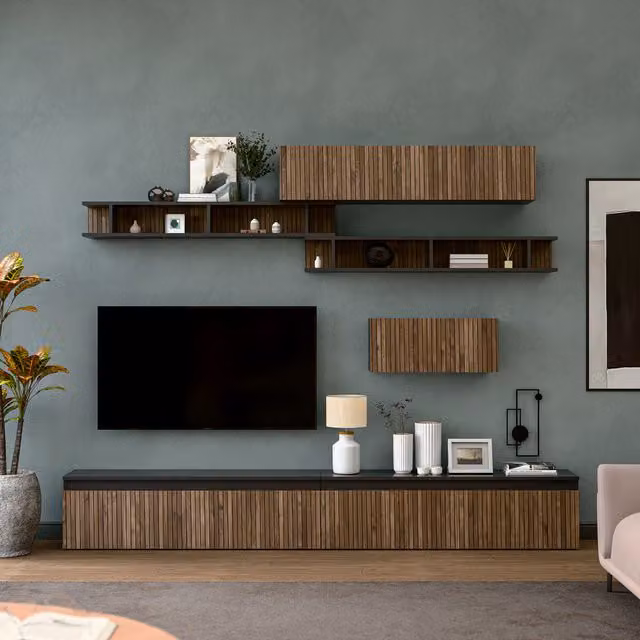 Decorotika Madrid Wall Mounted Entertainment Center in Black and Oak with Geometric Pattern