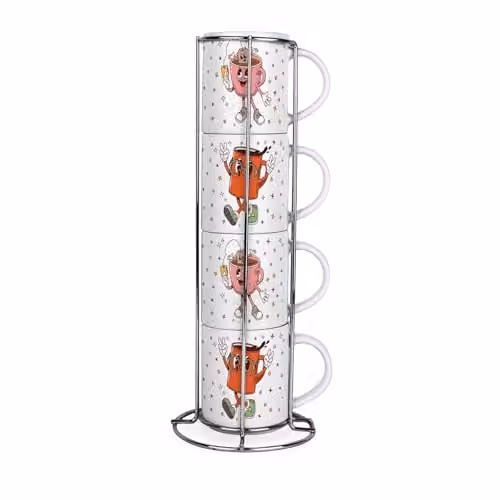 Purely Home Retro Drinks Stacking Mugs Set - Set of 4 Multicoloured Ceramic Mugs with Metal Stand