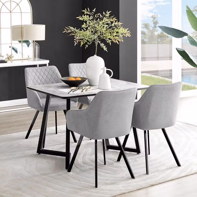 FurnitureboxUK Carson White Marble Effect Dining Table and 4 Falun Black Leg Chairs in Light Grey
