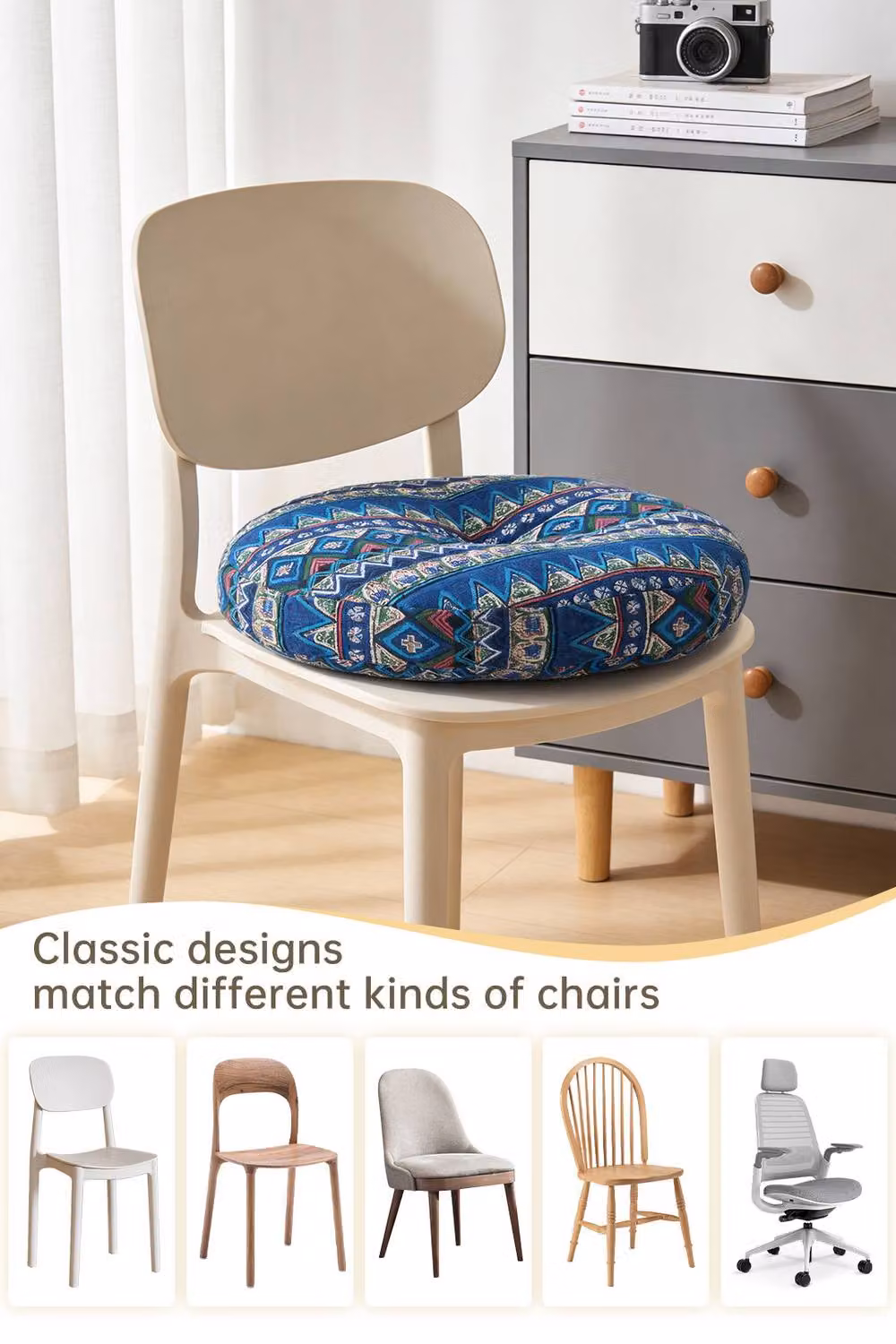 Living and Home Bohemian Style Round Linen Floor Cushion in Blue with Removable Cover – 4