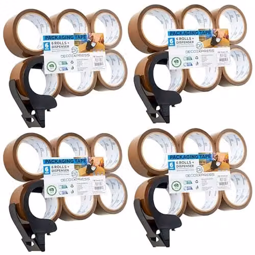 Deco Express Heavy Duty Packing Tape Dispenser with 6 Brown and Transparent Tape Rolls