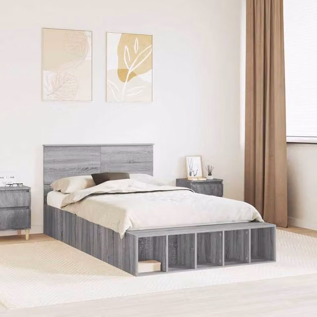 Berkfield Home Modern Bed Frame with Bedside Shelf in Grey Sonoma, W/D/H: 120 x 200 cm, Engineered Wood