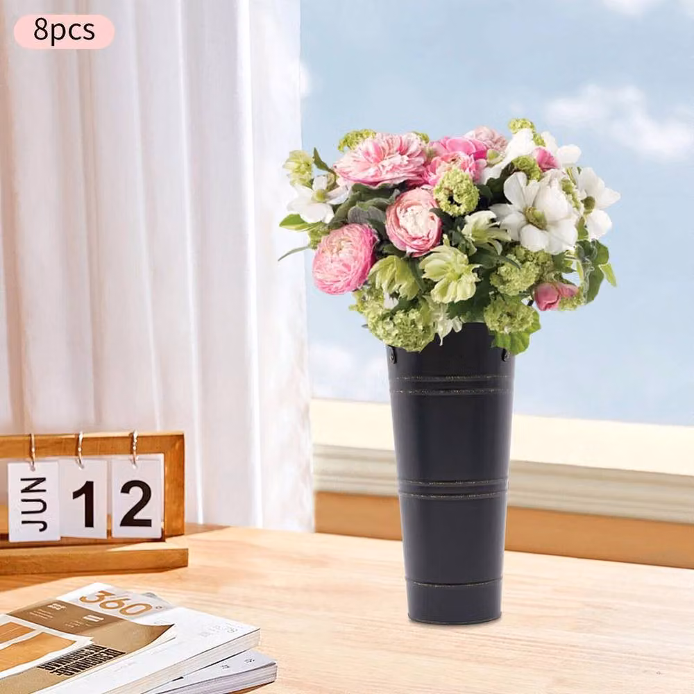 Kelvenix 8-Piece Set of Black Galvanised Metal Retro Flower Bucket Vases for Tabletop Use, H: 23 cm, W: 11 cm, D: 11 cm – 5