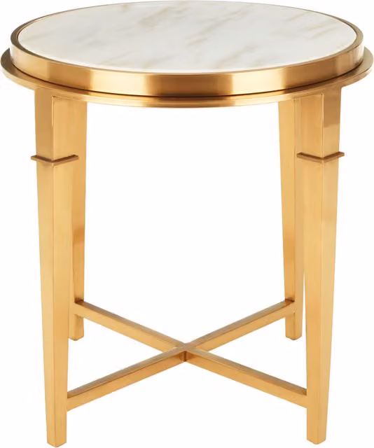 Orsina Round Marble Top Side Table with Gold Finish, White and Gold