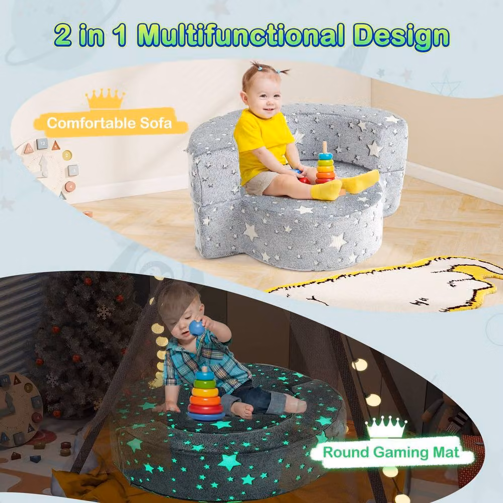 Costway Glow-in-the-Dark Kids 2-in-1 Toddler Sofa and Game Mat with Washable Grey Cover – 3
