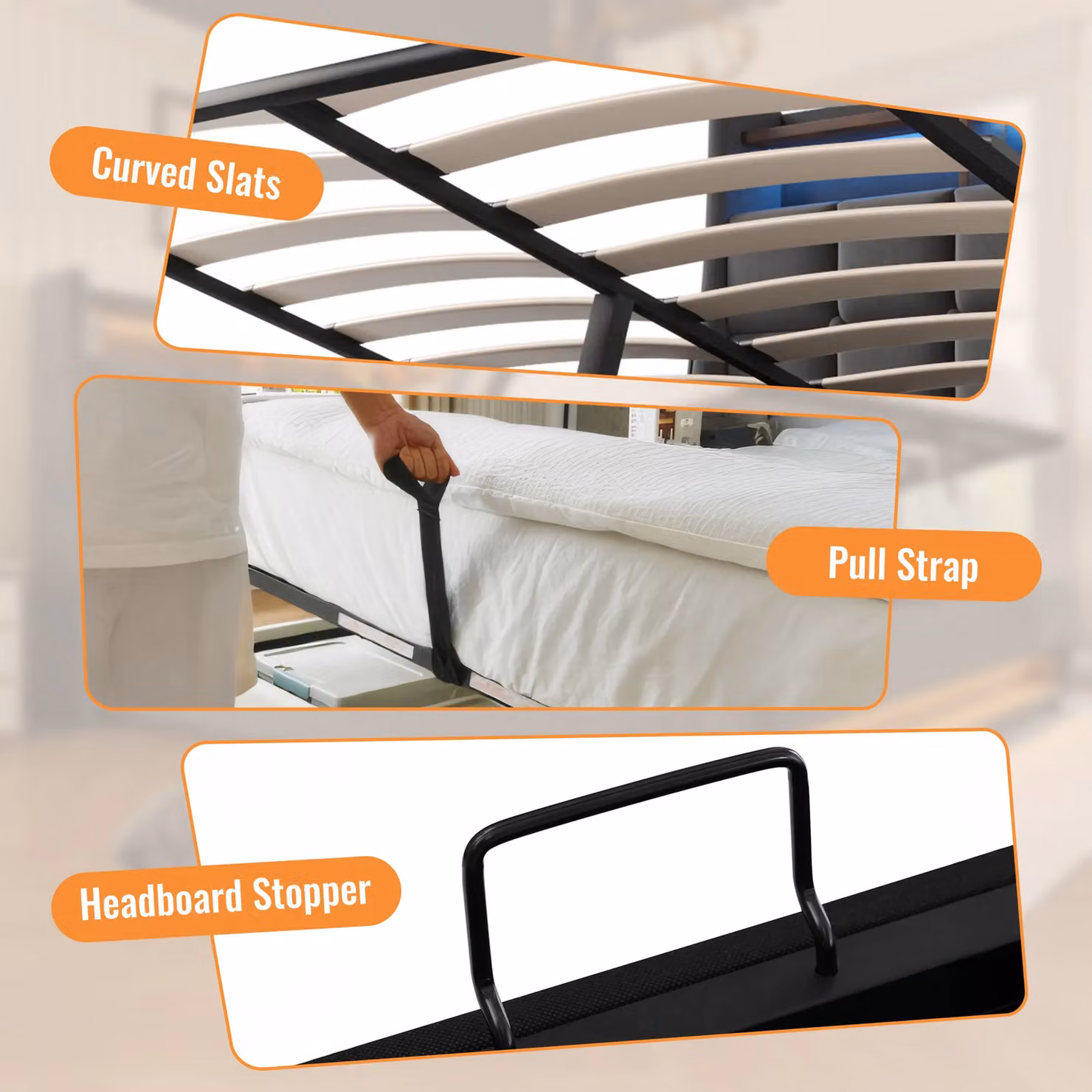 Matteo Upholstered Double Bed in Grey with LED Under-Bed Lighting and USB Charging Ports, W/D/H: 135 x 190 x 117 cm – 5