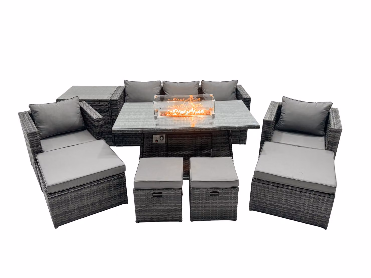Fimous 9 Seater Rattan Garden Furniture Firepit Dining Set with Lounge Sofa, Table, Side Table and 4 Footstools in Dark Grey – 2
