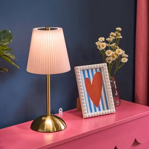OHS Pink Fabric Pleated LED Cordless Rechargeable Table Lamp with Touch Control – 3