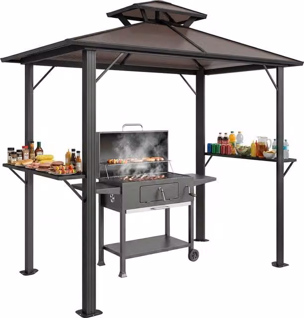 Outsunny Hardtop BBQ Grill Gazebo with Double Roof in Brown, W: 2.5 m, D: 1.5 m