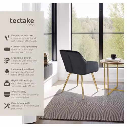 tectake Set of 4 Velvet Look Dining Chairs with Armrests and Gold Steel Legs, Black/Gold – 4