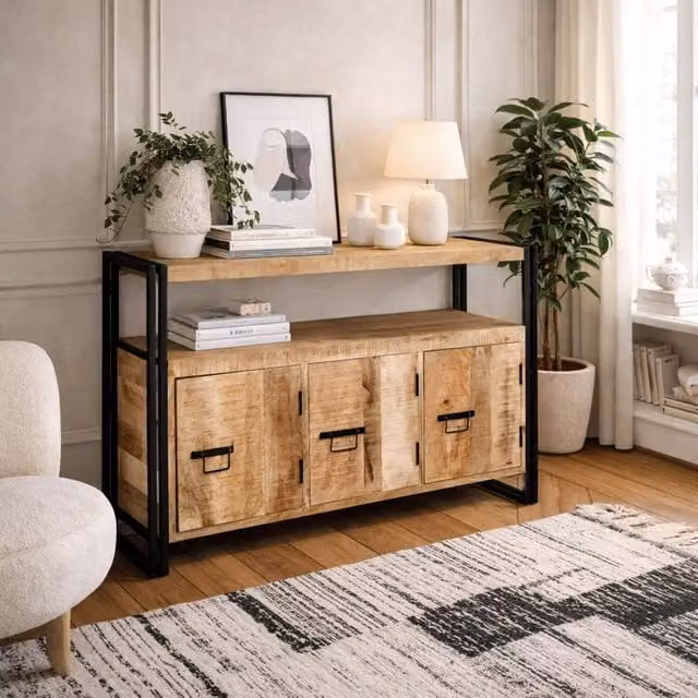 Wyld Haus Toivakka Industrial Reclaimed Wood and Iron 3-Door Sideboard in Brown
