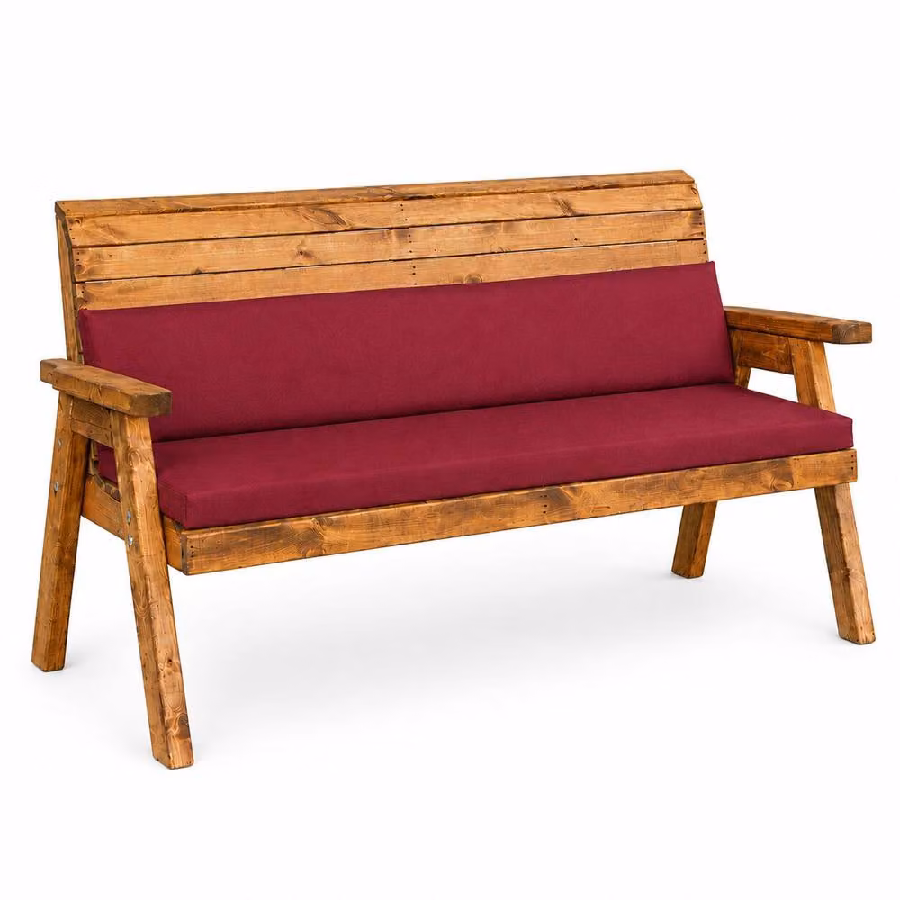 Samuel Alexander 3 Seater Rustic Wooden Garden Bench with Waterproof Burgundy Fabric Cushions – 4