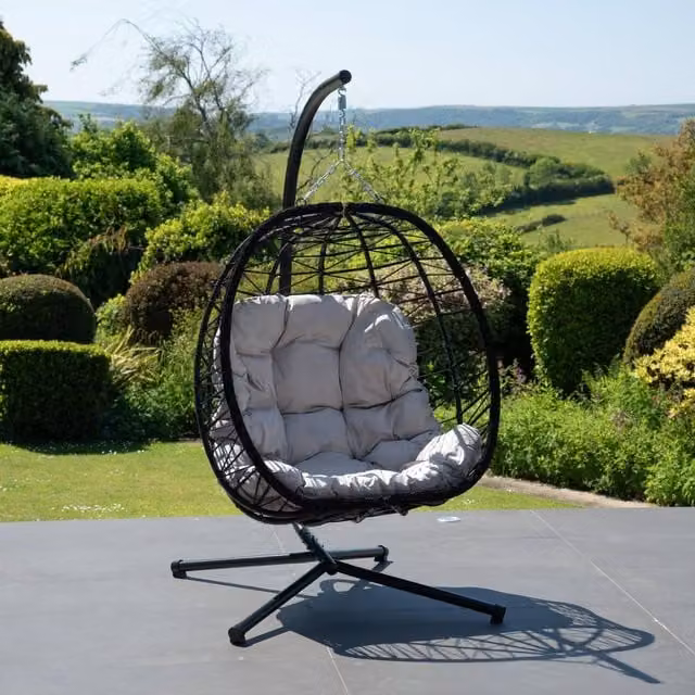 Artemis Home Hebden Garden Hanging Egg Chair with Stand and Cushions in Light Grey – 1