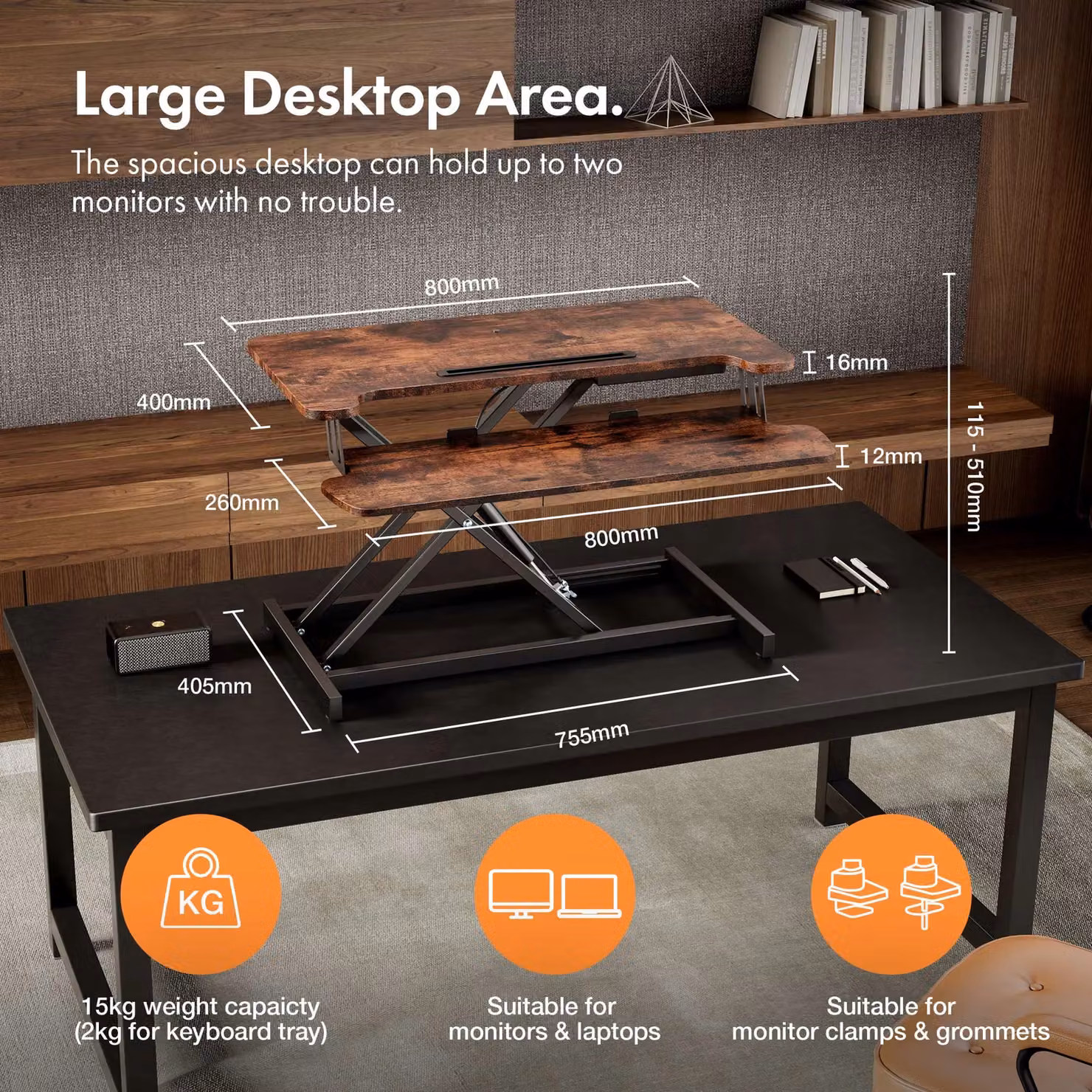 VonHaus Height Adjustable Standing Desk Converter with Keyboard Shelf in Dark Brown and Black – 2