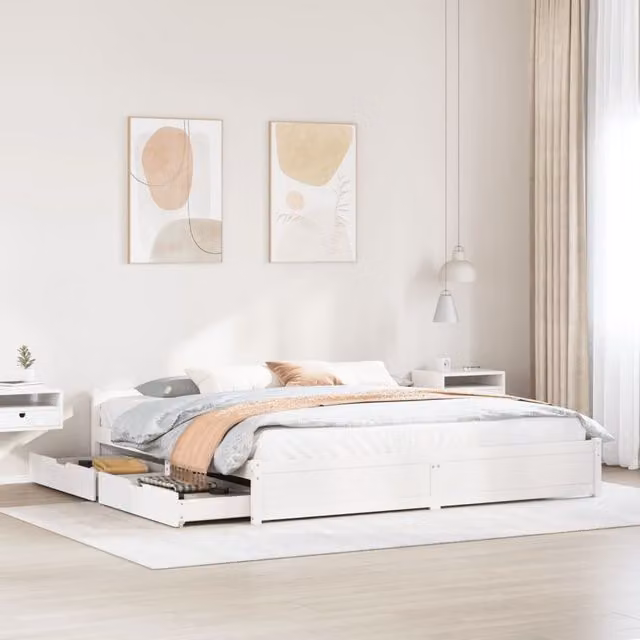 Berkfield Home Super King Solid Wood Pine Bed Frame in White, W/D/H: 180 x 200 cm