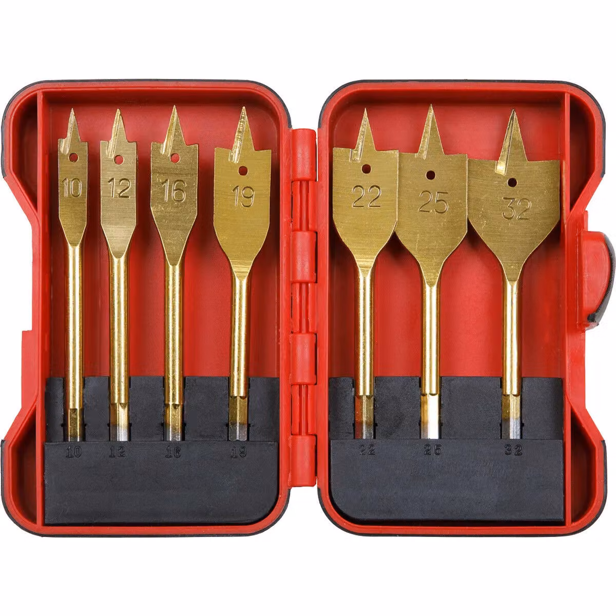Loops 7 Piece Titanium Coated Flat Wood Drill Bit Set with 1/4 inch Hex Shank and Storage Box in Gold and Multicolour – 3