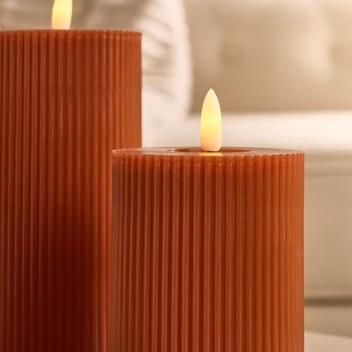 OHS Set of 3 Ribbed Flameless LED Pillar Candles with Flickering Effect in Rust Orange – 2