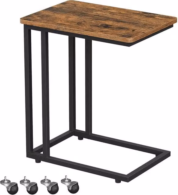 FORGEVIO Industrial Wheeled Side Coffee End Table with Matt Metal Frame in Black and Brown – 1