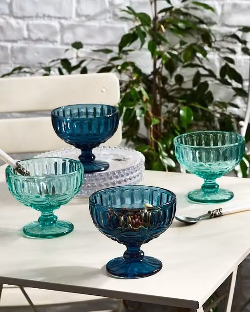 Dibor Set of 4 Vintage Blue and Turquoise Glass Trifle Dessert Bowls, H10 x W12 cm – 1