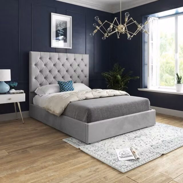 KDMD Alma Chesterfield Upholstered Velvet Bed Frame in Grey, W/D/H: 90 x 200 x 137 cm