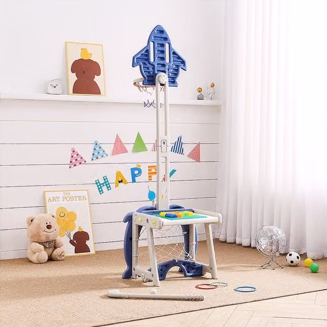 Livingandhome 4 in 1 Soccer, Basketball and Golf Building Block Play Centre for Kids, Blue