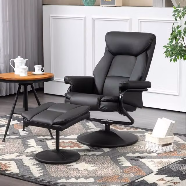 HOMCOM Black PU Leather Swivel Recliner Armchair with Ottoman