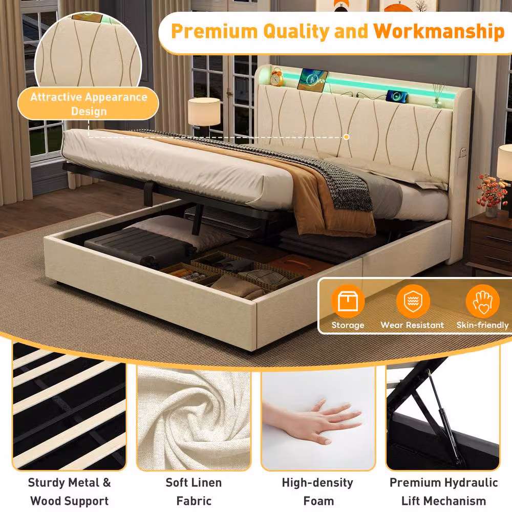 Rolipo Double Upholstered Hydraulic Storage Bed Frame with LED Lighting and USB Charging Port, Beige, W: 140 cm, L: 200 cm – 4