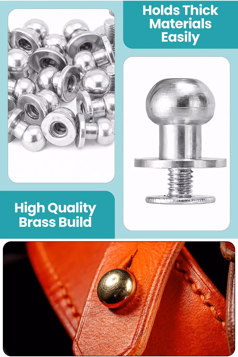 Neel Blue 8mm Silver Chicago Rivets Sam Browne Round Hand Pressed Brass Studs, 50 Pieces – 3