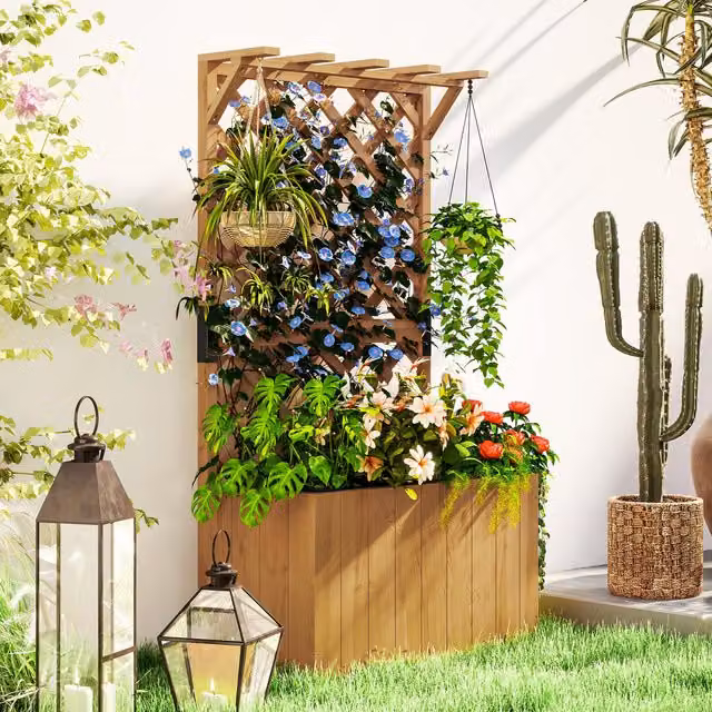 Outsunny Brown Wooden Raised Garden Planter Box with Trellis for Herbs and Climbers