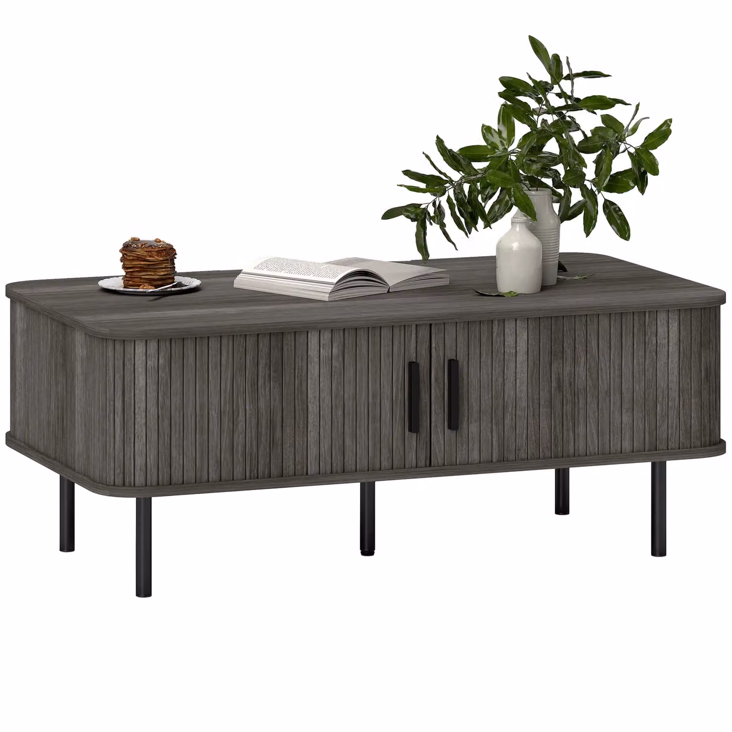 HOMCOM Mid-Century Grey Coffee Table with Storage and Sliding Doors – 2