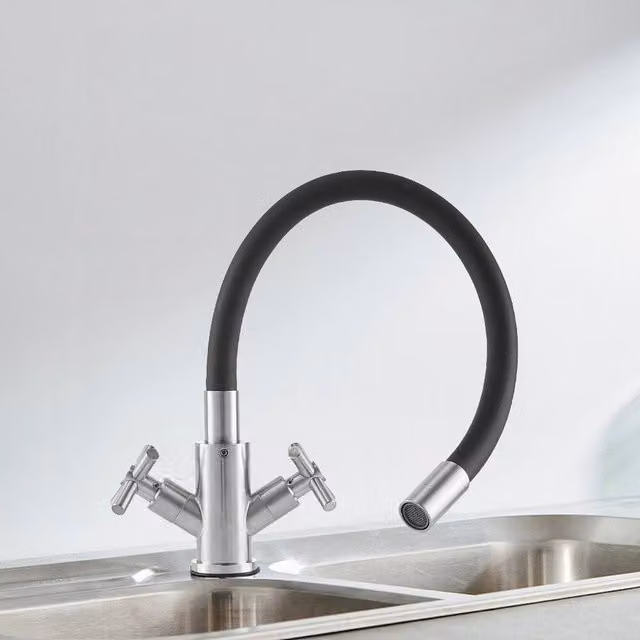 VOGREX Matt Black Stainless Steel Kitchen Sink Mixer Tap with Flexible Swivel Spout and Two Handles