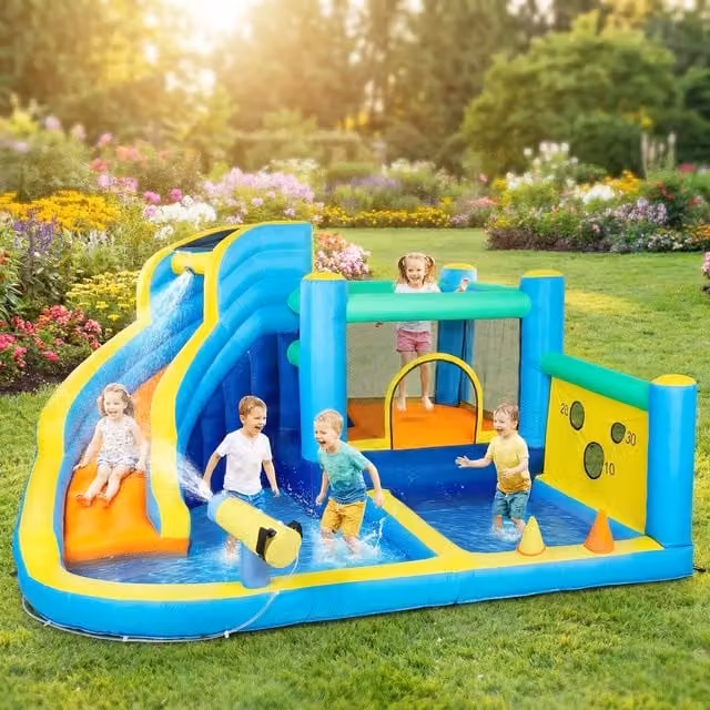AIYAPLAY 8-in-1 Kids Inflatable Bouncy Castle with Slide and Play Tower, Multicolour
