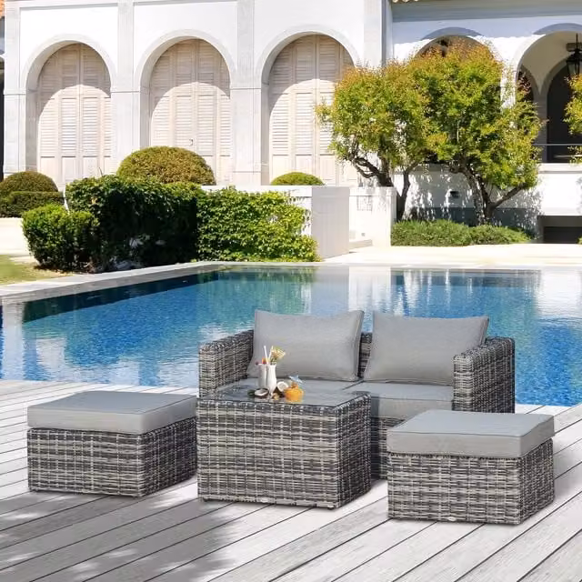 Outsunny Rattan Garden Furniture Set with Glass Top Table in Mixed Grey
