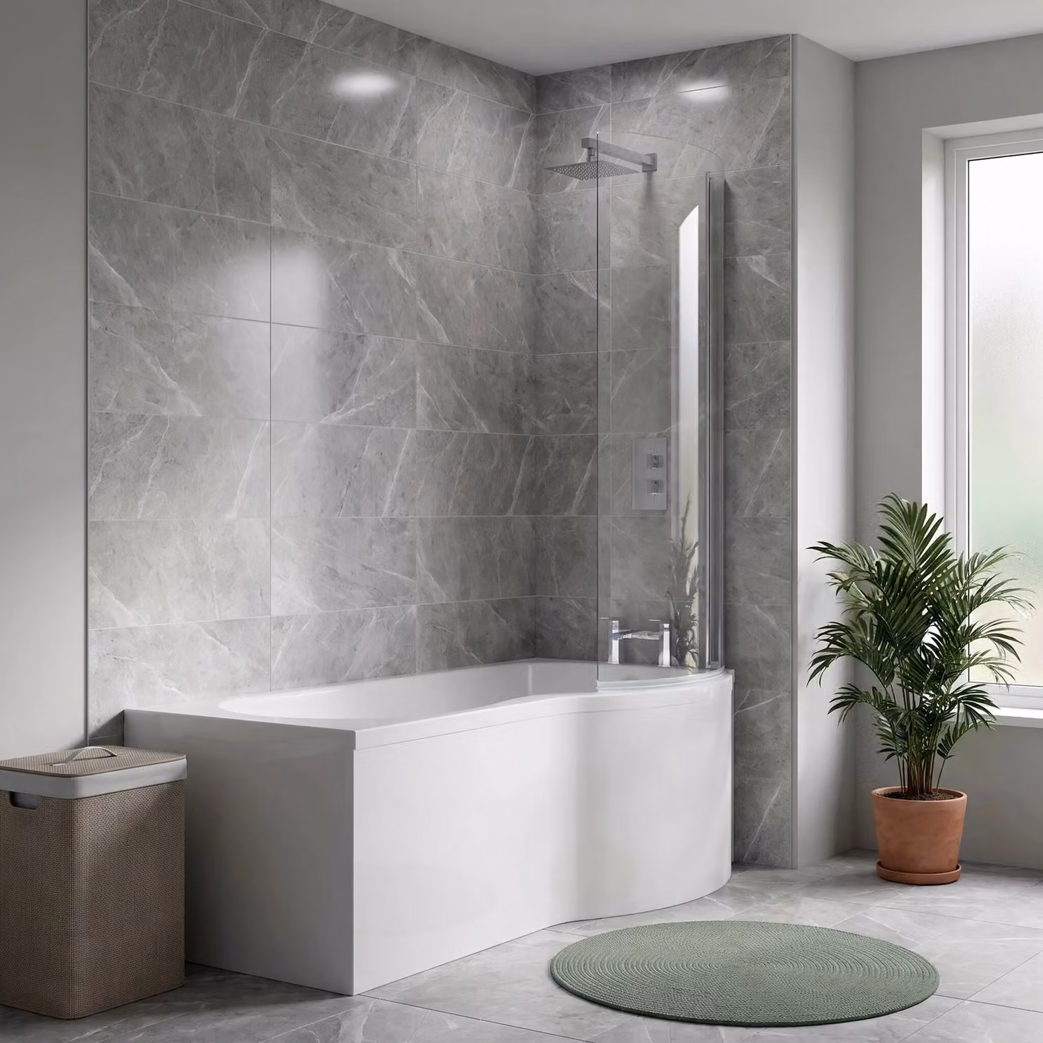 Balterley Modern P Shape Asymmetric Right Hand Shower Bath with Leg Set, White – 2