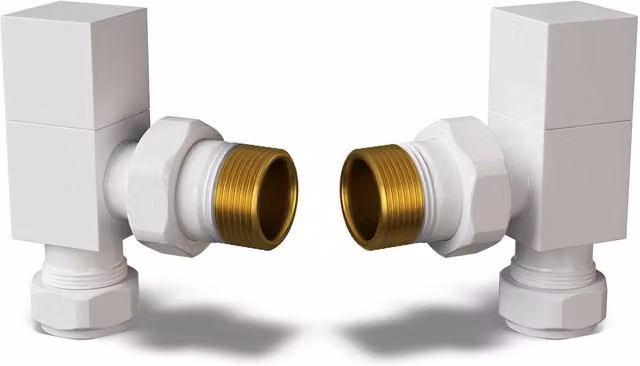 UK Radiators Square Angled Radiator Valves in White with Pair of 10mm Reducers