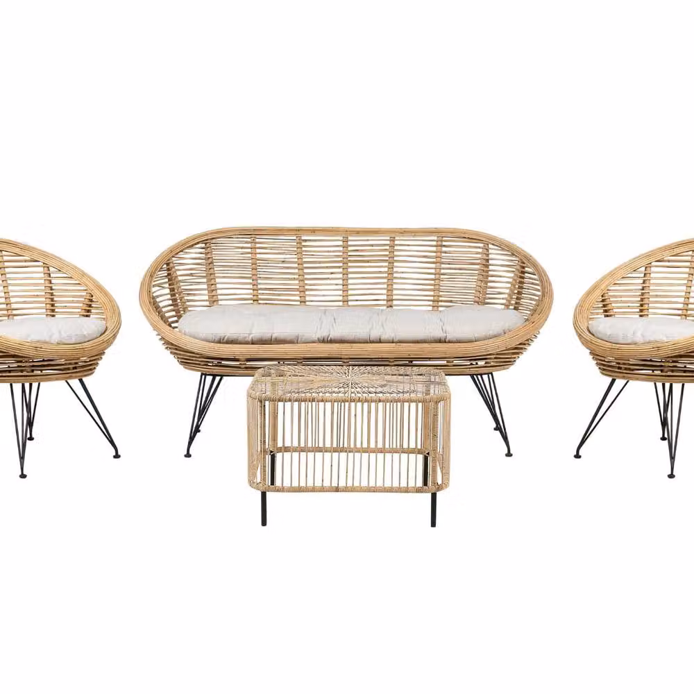 Wyld and Coco 4 Seater Natural Rattan Sofa Set with Coffee Table and Light Beige Cushions – 2