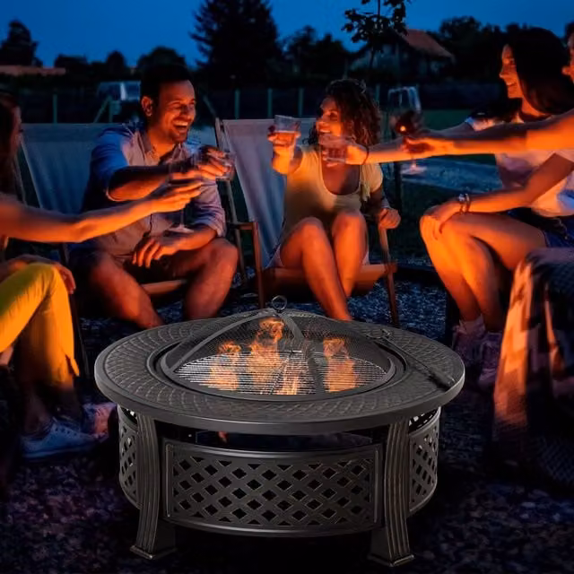 Outsunny Round Steel Outdoor Fire Pit and Fire Table with Grill Net in Bronze, Brown and Black